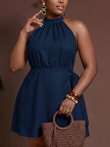 Veslaya Plus Size Ruched Tie Strap Vacation Dress - Navy Blue - View 3