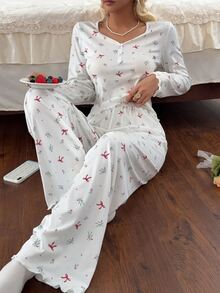 CottageSlumber Women's V-Neck Button Decor Christmas Cherry & Bow Print Knit Long Sleeve Pants Pajama Set - Beige - View 5