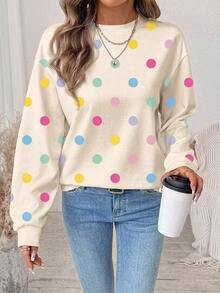 SHEIN LUNE 女款俏皮可愛彩色波點圖案運動衫，優雅休閒時尚，適合秋冬穿著 - 白色 - 查看 3