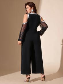 Comfylo Plus Size Elegant Sequin Cold Shoulder Fashion Loose Jumpsuit - Black - View 2