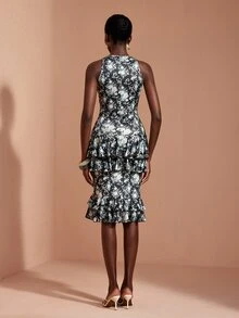 JIAN LASALA Knit Sleeveless Halter Neckline Multi Ruffle Layers Hemline Ruched Midi Dress Elegant Vacation - Green - View 2