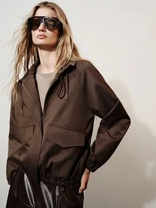 Aveloria Modichic Women's Casual Commuter Elegant Loose Fit Comfortable Top Jacket With Hood Drawstring Design, Cinched Waist, Dropped Shoulders And Long Sleeves - Coffee Brown - View 5