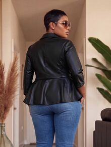 Slaydiva Plus Size Women's Solid Color PU Leather Long Sleeve Blazer Winter - Black - View 3