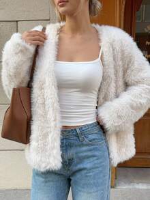 DAZY Women's Autumn/Winter Fashion Solid Color Faux Fur Coat - Beige - View 9