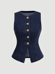 SHEIN MOD Atasan Rompi Denim Kasual Wanita Kerah Bulat dengan Kancing Logam Tunggal - Dark Wash - View 5