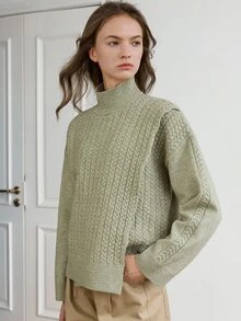 Dazy-Less Women's Green Round Neck Long Sleeve Cable Knit Fitted Ribbed Casual Sweater, Winter - Mist Green - View 1