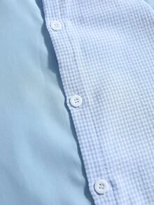 ROMWE MEN Men's Patchwork Fabric Loose Long Sleeve Shirt - Blue - View 4