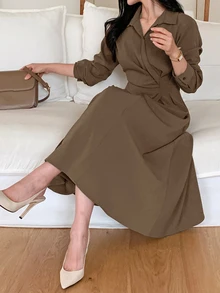 DAZY Women's Casual Solid Color Waist-Cinching Mid-Length Dress, Autumn - Brown - View 1