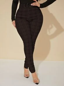 SHEIN SXY 大尺碼女款格紋高腰修身休閒優雅百搭長褲 辦公正式晚宴黑色秋季 - 巧克力棕 - 查看 1