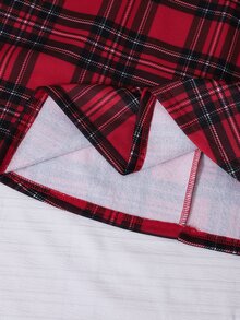 SHEIN 女童學院風 2-in-1 紅色格紋印花洋裝，長袖荷葉領優雅連身裙，厚格紋布料，適合秋冬、聖誕節、舞會、派對、開學及其他場合 - 紅色 - 查看 6