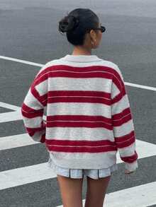 Livesso Women's Grey Colorblock Casual Preppy Everyday Long Sleeve Sweater School Autumn Winter - Burgundy - View 2