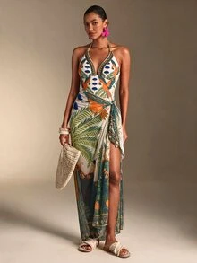 SHEIN Swim 南美椰子樹粉綠花卉定位印花高級連身女款海灘度假套裝 - 彩色 - 查看 7