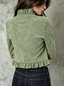 SHEIN Franclia 秋季荷葉領雙排扣金屬鈕扣長袖夾克，適合日常穿著、約會與旅行 - 軍綠色 - 查看 2