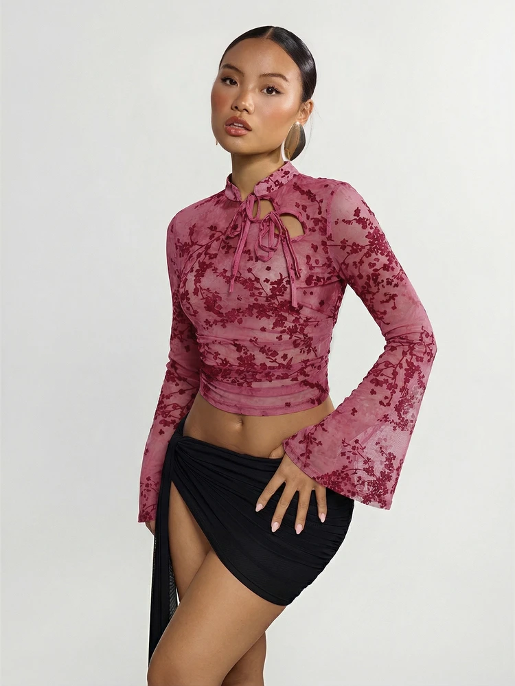 SHEIN ICON Vintage Mesh Flocked Sheer Neck Cutout Flare Sleeve