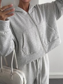 Livesso 女款純色落肩長袖拉鍊休閒運動衫 - 深灰色 - 查看 4