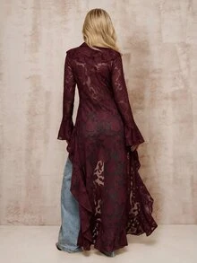 Glamine 春夏浪漫度假風荷葉邊優雅透視長版輕便外套，西式女款外套，秋冬女款外套，聖誕穿搭，女款冬季大衣，女款沙灘穿著，女款優雅輕便外套 - 紅色 - 查看 2