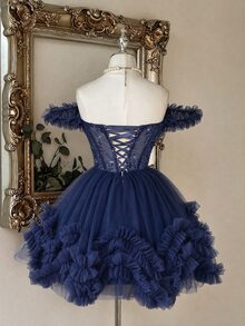 Lovelzi Women's Ruffle Mesh Ruffle Waist Sequin Design Glamorous Ball Gown Dress - Navy Blue - View 2