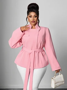Maweii Plus Size Pink Casual Design Tie Waist Stand Collar Long Sleeve Commute Interview Business Blazer - Pink - View 2