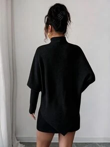 Elenzga 優雅設計不對稱捲邊仿針織紋理羅紋高領時尚百搭女款打底T恤 - 黑色 - 查看 2