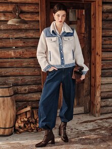 Anewsta Jaket Jeans Biru Patchwork Wol Domba Komposit Mode Baru untuk Wanita - Krem - View 2