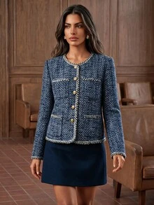 Anewsta Autumn/Winter New Elegant Vintage Party Evening Exquisite High-End Open Front Women's Overcoat - Blue - View 2
