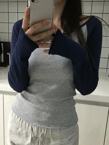 DAZY 女款不對稱肩撞色長袖韓系清新甜美毛衣 - 灰色 - 查看 4