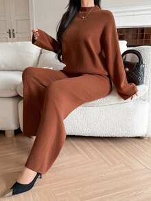 DAZY Women's Solid Color Long Sleeve Top And Pants Casual Daily Knit 2 Pieces Set - Orange - View 6