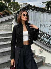 SHEIN PariChic Jaket Pendek Wanita Gaya Istana Warna Putih dengan Kerah Tegak, Jaket Kancing Logam Vintage dengan Tali Kepang, Ukuran Mungil, Memperindah Pinggang, Serbaguna, Warna Polos, Pakaian Luar Ringan - Hitam - View 4