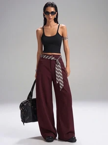 SHEIN EZwear 酒紅色大尺碼女款寬腿寬鬆休閒西裝長褲 - 酒紅色 - 查看 6