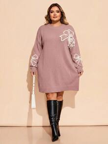 SHEIN CURVE+ Plus Size Women's Floral Print Casual Everyday Knit Dress - Pink - View 3
