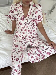 CottageSlumber Women's 100% Cotton Ditsy Floral Lapel Pajama Set, Bowknot Decor Short Sleeve Long Pants 2 Pieces Loungewear - Pink - View 6