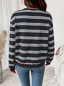 SHEIN LUNE 女款條紋拼接休閒日常長袖運動衫 - 白色 - 查看 6