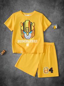 Transformers X SHEIN Set Pakaian Santai Atasan Lengan Pendek dan Celana Pendek Bergambar Kartun untuk Anak Laki-Laki Remaja - Kuning - View 1