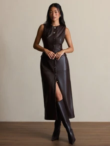 COSMINA 女款中長度PU洋裝，秋冬辦公室深棕色優雅風 - 棕色 - 查看 3