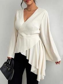 Firerie Plus Size Elegant Commuter Solid Color Wrap Asymmetric Hem Blouse - Apricot - View 4