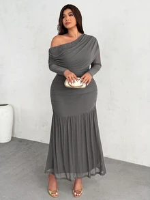 Firerie Plus Size Asymmetrical Shoulder Ruched Fishtail Hem Sexy Dress Fall - Grey - View 8