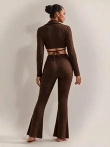 Nuvra Setelan Olahraga Wanita Warna Cokelat dengan Detail Ribbed Lebar dan Bahan Brushed, Atasan Lengan Panjang dan Celana Panjang 2 Potong, Musim Gugur/Dingin - Coklat - View 2