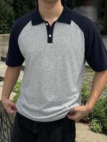 DAZY 夏季男士韓式插肩袖短袖 Polo 領 T 恤，灰色衣身搭配深藍對比袖 - 彩色 - 查看 5