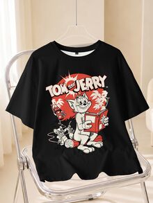 TOM & JERRY X SHEIN 男士卡通圖案印花圓領短袖T恤 - 白色 - 查看 1