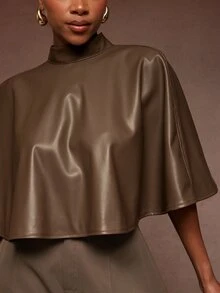 Vixey Women's PU Material Cape Top, Chic Office, Elegant Party Top - Rust Brown - View 5