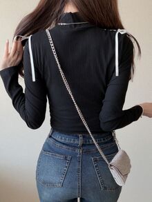 FRIFUL Women's Elegant Korean Style Drawstring Tie Long Sleeve Dress Fall - Black - View 6