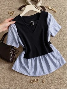 Grovea Plus Size Fashion Faux Two Pieces Striped Patchwork Short Sleeve Metal Button Casual Shirt - Multicolor - View 6