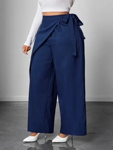 Maweii Celana Kulot Biru Ukuran Besar Elegan Warna Polos dengan Ikatan Samping di Depan dan Model Drape untuk Musim Gugur - Biru - View 4