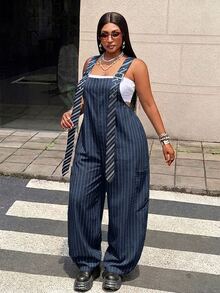 Maweii Plus Size Khaki Striped Adjustable Strap Loose Wide Leg Cargo Overalls, Y2K, Utility Style, Casual Daily Wear, Comfortable Fall - Multicolor - View 4