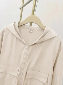 SHEIN 青少年女孩編織素色貼袋短版寬鬆休閒連帽外套，秋冬款，度假風 - 杏色 - 查看 11