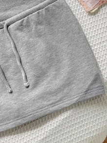SHEIN تنورة رياضية كاجوال للبنات المراهقات مع حبل شد، محبوكة بلون رمادي فاتح سادة، مع ليقنز مدمج - رمادي فاتح - مشاهدة 6