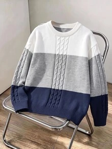 SHEIN Kids Tween Boy Casual Crew Neck Colorblock Sweater, Suitable For Autumn/Winter, Commuting, School, Daily Casual Wear, Sports - White - View 5