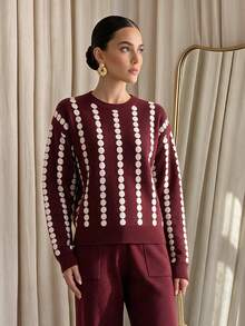 Modelyn Women's Colorblock Design Spotted Striped Autumn/Winter Long Sleeve Sweater 2 Pieces Set - Burgundy - View 4