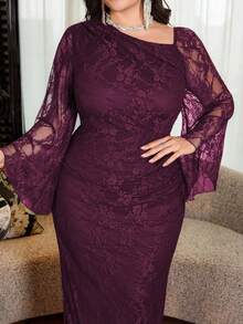 Modelyn Elegant Solid Color Lace Asymmetric Collar Long Sleeve Ruched Fitted Regular Fit Plus Size Dress For Spring And Summer - Purple - View 7