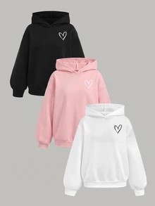 SHEIN Girlism 青少年女孩 3 件套 寬鬆休閒愛心印花 柔軟舒適 秋季連帽衫套裝，冬季 - 粉色 - 查看 8